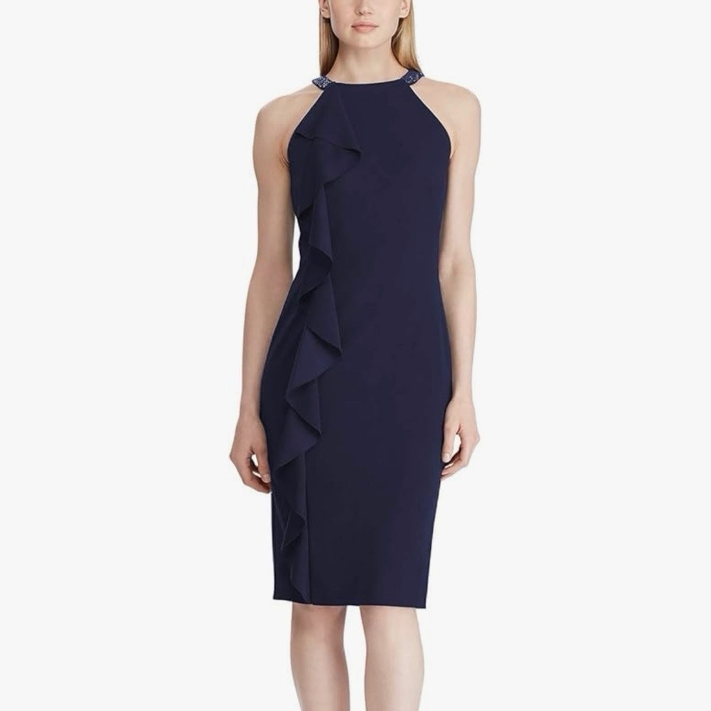 NWT Ralph Lauren Navy Blue Ruffled Beaded Halter Sheath Party Dress Size 12